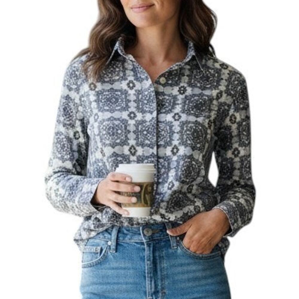 J. Crew The Perfect Shirt S Long Sleeve Button Front Slim Vintage Print Gray